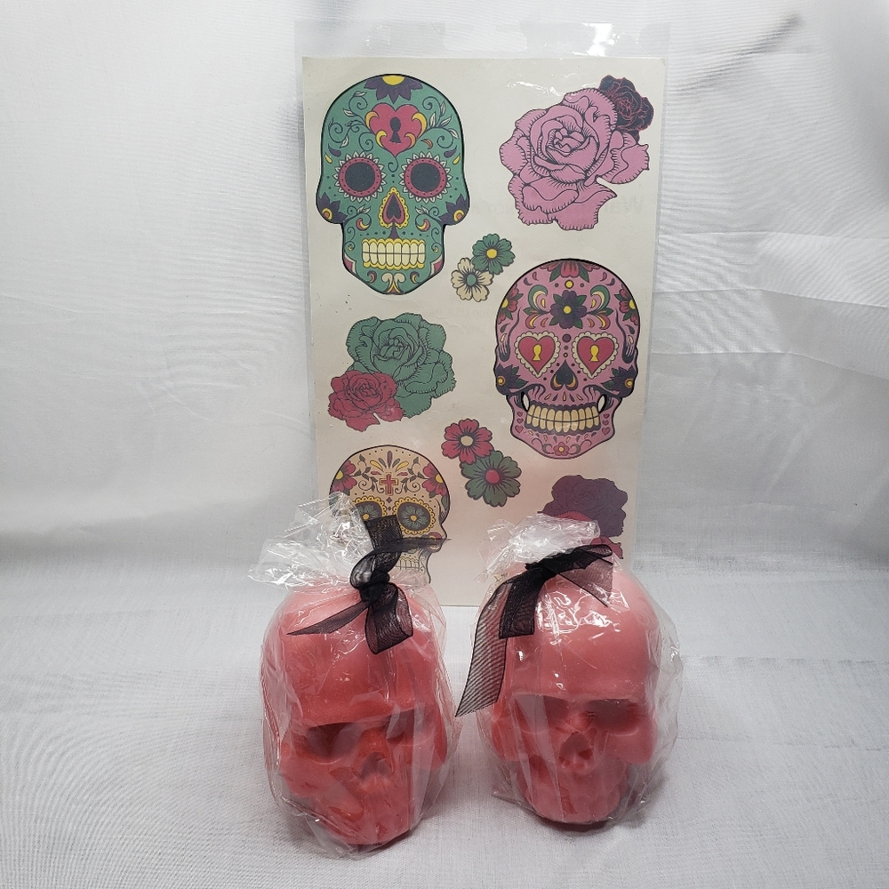 Pink Skull Candles with Sugar Skull Temporary Tattoos